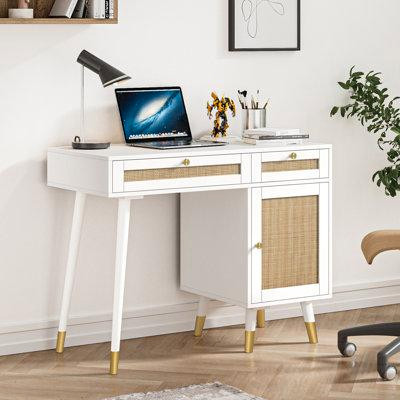 Bay Isle Home™ Pifer 39.4'' White Rattan Writing Desk With Drawer Cabinet Laptop Computer Work Study Table in Desks