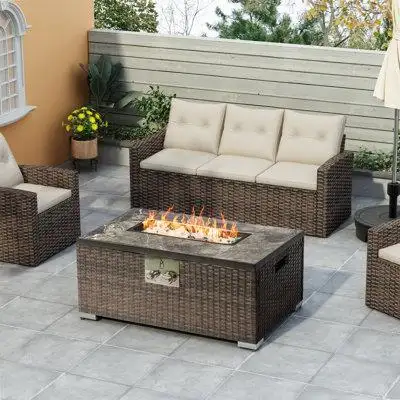 House On Tree Outdoor Fire Table  Propane  Fire Pit Rattan Gas Fire Table, Gas Fire Table With Tile Tabletop