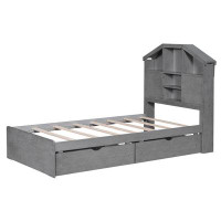 Latitude Run® Twin Size Wood Platform Bed with House-shaped Storage Headboard