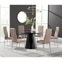 East Urban Home Edward Statement Pedestal Dining Table Set with 6 Luxury Faux Leather Upholstered Dining Chairs