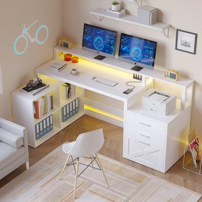 Ebern Designs L-Shaped Desk, 65-Inch Computer Desk Corner Desk With Power Outlet With 3 Drawers And 4 Storage Shelves, H in Desks