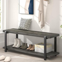 17 Stories Shoe Bench, Industrial Entryway Bench With Storage, Rustic Wood And Metal Shoe Rack Bench Seat, 47 Inch Grey
