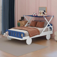 Zoomie Kids Aideth Wood Twin Size Car Bed with Ceiling Cloth, Headboard and Footboard