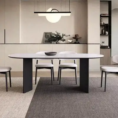 Corrigan Studio Elegant Oval Pure White Rock Slab Dining Table Set