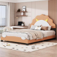Zoomie Kids Twin Size Upholstered Leather Platform Bed With Lion-Shaped Headboard