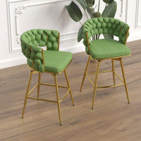 Everly Quinn Set Of 2 Green Linen Bar Chairs With Gold Legs, 360 Swivel, And Footrest