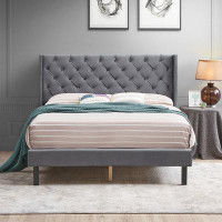 Everly Quinn Velvet Button Tufted-Upholstered Bed With Wings Design - Strong Wood Slat Support- Easy Assembly -  Platfor