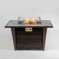 Arlmont & Co. 42Inch Rattan Fire Pit Table With Ceramic Tile Tabletop