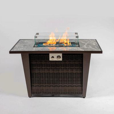 Arlmont & Co. 42Inch Rattan Fire Pit Table With Ceramic Tile Tabletop in BBQs & Outdoor Cooking