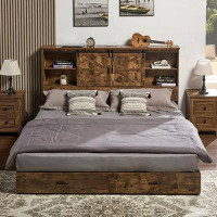 Howe HOWE Queen Size Wooden Platform Storage Bed Frame With 51.2" Wood Bookcase Headboard(Rustic Brown)