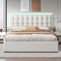 SUOKENI Upholstered Platform Bed with Hydraulic Storage System and LED Lights for Bedroom