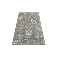 Isabelline 3''1"X5'' Almond Brown, Hand Knotted, Afghan Angora Oushak With Beautiful Leaf Design, Organic Wool Oriental