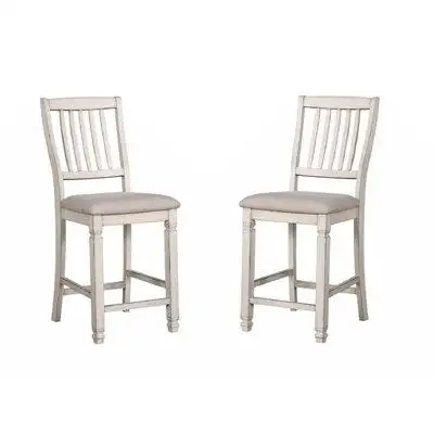 August Grove Dining Room Furniture Set Of 2Pcs Counter Height Chairs Antique White Solid Wood Slats Back Light Grey Padd