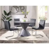 ACME - 47 Inch 5 Piece - Round Faux Concrete Dining Table w 4 Grey Upholstered Sled Metal Bases with shiny chrome finish