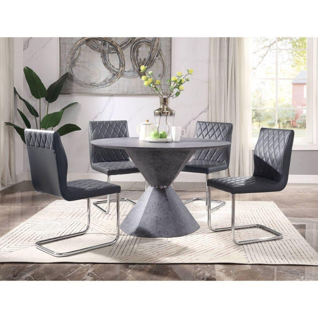 ACME - 47 Inch 5 Piece - Round Faux Concrete Dining Table w 4 Grey Upholstered Sled Metal Bases with shiny chrome finish in Dining Tables & Sets