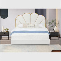 House of Hampton Queen Size Teddy Fabric Upholstered Platform Bed With Flower Shaped Headboard