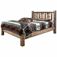 Loon Peak Homestead Collection Platform Bed w/ Laser Engraved Wolf Design, Stain & Clear Lacquer Finish