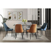 Everly Quinn Modern Sleek Design 7Pc Dining Set Table And 6X Side Chairs Blue Orange Gray Velvet Upholstered Metal Frame