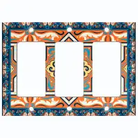 WorldAcc Metal Light Switch Plate Outlet Cover (Orange Floral Tile Blue Frame   - Triple Rocker)