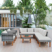 Latitude Run® Ensemble de canapé d'extérieur en rotin de jardin en osier avec pieds en bois et chaises de table en bois
