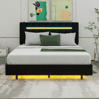 Ivy Bronx Khaya Queen Size Floating Bed Frame with LED Lights and USB Charging, Modern Upholstered Platform LED Bed