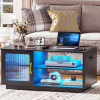 Ivy Bronx LED Coffee Table With Charging Station, Auto Sensor 3 Colour Dimmable Dining Table With Large Storage Cabinet