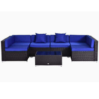 7 pcs Rattan Furniture Set w/ Side Table Lounge Sofa Cushion Blue / sectional backyard patio furniture