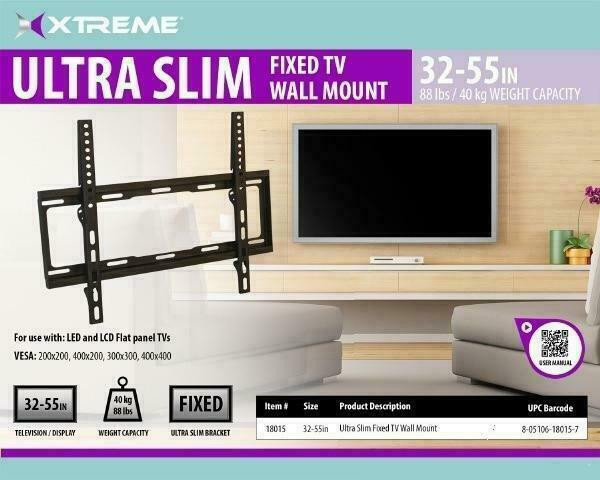 XTREME 32 -55 Ultra Slim Fixed TV Wall Mount - 80lbs (40kg) - VESA 400mm x 400mm - Black - 18015 in Video & TV Accessories