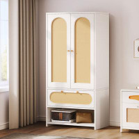 Beachcrest Home 2-Door Wicker Wardrobe Chest Dresser Clothes Storage Cabinet With Drawer