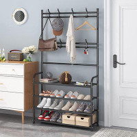 Ebern Designs 4 Tier Coat Rack Shoe Shelf Storage Organizer with Hooks , Black_61" H x 31.5" W x 10.2" D