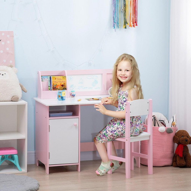 2PCS KIDS DESK AND CHAIR SET WITH WHITEBOARD, STORAGE, SHELVES, PINK in Toys & Games