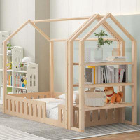 Harper Orchard Full Size Wood House Bed With Fence And Detachable Storage Shelves