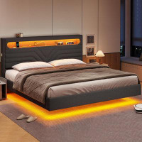 17 Stories Floating King Bed Frame With Type-C/Usb Charging Station & Hidden Storage Headboard, King Size Rgb Floating P