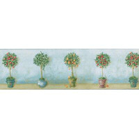 York Wallcoverings Vintage Design 15' L x 7" W Fruit Trees in Beautiful Retro Pots Teal Wallpaper Border