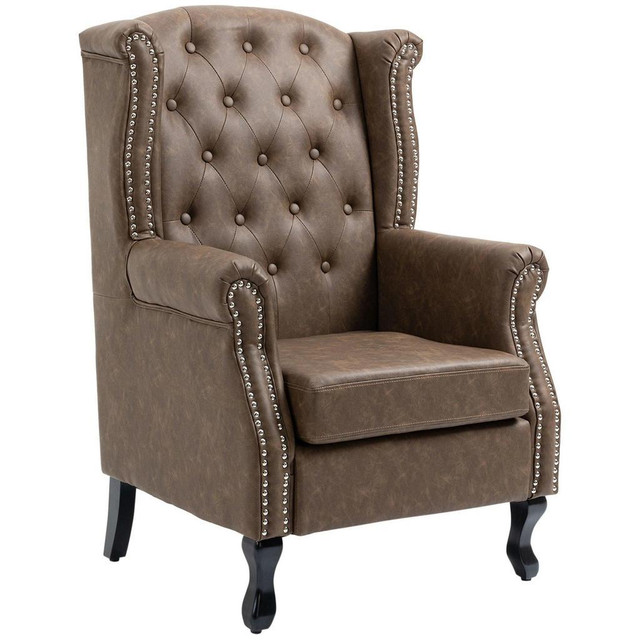 TUFTED LOUNGE CHAIR, UPHOLSTERED CHESTERFIELD-STYLE ARMCHAIR WITH SOLID WOOD LEGS AND NAIL HEAD TRIM, BROWN in Chairs & Recliners - Image 2