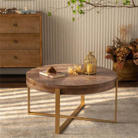 Millwood Pines 31.29"Modern Retro Splicing Round Coffee Table,Fir Wood Table Top With Gold Cross Legs Base
