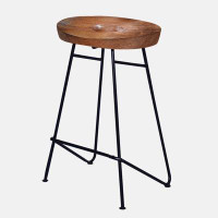 Loon Peak 26 Inch Industrial Counter Height Stool, Contoured Mango Wood Seat, Iron, Cafe Brown