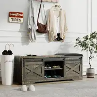 August Grove 47 Inch Modern Farmhouse Sliding X Barn Door Litterbox Bench With Entry Cutout, Shoe Bench