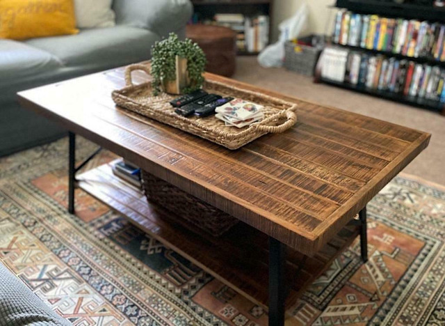 Industrial Vintage Rustic Wood Metal Coffee Table, Side End Console Tables with Shelf in Coffee Tables