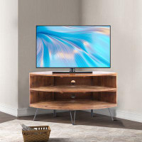 17 Stories Vintage And Fashionable Fan Shape Wooden TV Stand With Metal Legs And Cable Management Holes, For Indoor Use