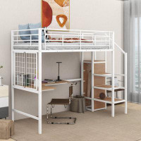 Mason & Marbles Acotas Twin Size Metal Loft Bed with Desk and Metal Grid, Stylish Metal Frame Bed with Lateral Storage L