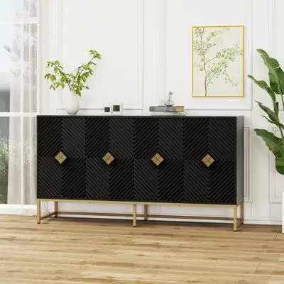 Mercer41 Carved 4 Door Sideboard ,Sideboard Buffet Cabinet With Storage ,Modern Coffee Bar Cabinet With  Adjustable Shel