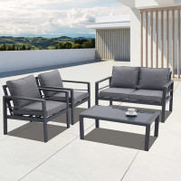 Ivy Bronx Grey 4-piece Aluminum Outdoor Patio Set: All-weather Sectional Sofa With Removable Cushions & Tempered Glass T