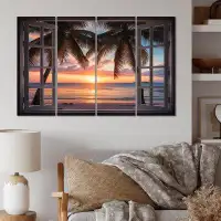 Highland Dunes Tropical Ocean Sunset Through Open White Window I - Coastal Canvas Wall Art - 4 Panels