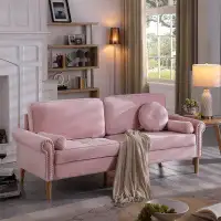 Latitude Run® Stylish 3-seater Sofa With Copper Nail Accents, Pink Colour, And Three Pillows