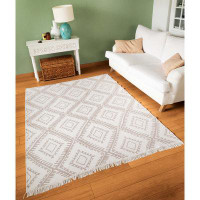 East Urban Home Duo Argyle Design Beige White Carpet Kilim Cotton Area Rug