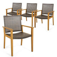 Bayou Breeze Latitude Run® Set Of 4 Patio Dining Chairs Outdoor Acacia Wood Rattan Armchairs Garden Balcony