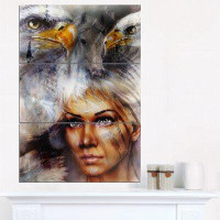 Design Art Woman with Flying Eagles - 3 Piece Wall Art on Wrapped Canvas Set