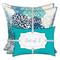 HOMEROOT Set Of Three 18" X 18" Blue And White Blown Seam Floral Throw Indoor Outdoor Pillow
