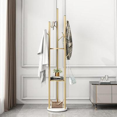 Everly Quinn Gold Coat Racks Freestanding With 3 Storage Shelves, Metal Coat Racks Stand With 9 Hooks And Heavy Marble B in Other
